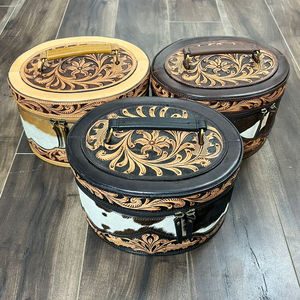 High Quality Designer Hand Tooled Cowhide Leather <b>Makeup</b> Bag Oval Vanity Case Women's Jewelry Box Western Style Travel Organizer - Product Image 5