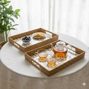 Plateau de service rond décoratif en nacre et rotin, écologique, passe au lave-vaisselle, poli, pour décoration de mariage - Product Image 5