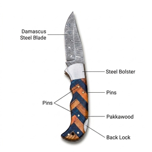 Couteau pliant artisanal en acier Damas avec verrouillage arrière, manche en bois Pakka, embout en acier, BLADE MARK INDUSTRIES BMI31 - Product Image 3