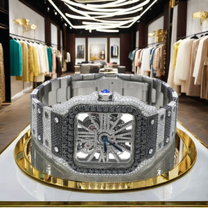 Montre mécanique squelette carrée, mode moderne, en acier inoxydable, entièrement sertie de diamants, lunette en pierre noire, luxe, hip-hop, vintage, verre - Product Image 3