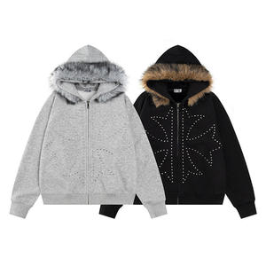 Sweat à capuche Hip Hop ample vintage, épais, essentiel, noir, délavé à l'acide et orné de strass, coupe oversize - Product Image 3