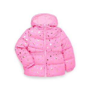 Veste matelassée rose à capuche avec imprimé cœur doré, fermeture éclair, coupe-vent, manteau d'hiver décontracté, coupe régulière, unisexe - Product Image 1