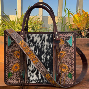 Wholesale <b>Large</b> Genuine Cowhide <b>Leather</b> Hand Tooled Women's Tote Bag Floral Fringe Crossbody <b>Purse</b> Custom Conceal Carry Handbag - Product Image 3