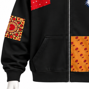 <b>Black</b> Tapestry Patchwork Zip Up <b>Hoodie</b> Oversized Full <b>Zipper</b> Hooded Sweatshirt Printed Patch Casual Streetwear Jacket Men - Product Image 6