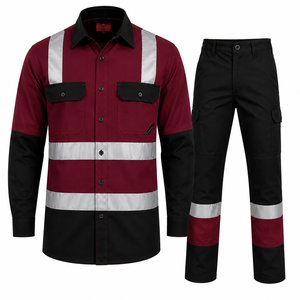 <b>Men's</b> Burgundy Black Hi Visibility Workwear Shirt Pants Set High Visibility Reflective Tape Long Sleeve Button-Down <b>Cargo</b> Cotton - Product Image 1