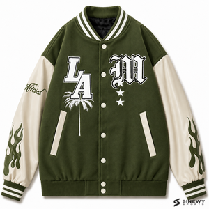 เสื้อแจ็คเก็ตวาร์ซิตี้กันน้ำสีเขียวสำหรับผู้ชาย SINEWY SPORTS ปักลายตัวอักษร LA รูปต้นปาล์ม แขนเสื้อลายเปลวไฟ สไตล์ลำลองสำหรับฤดูใบไม้ร่วง - Product Image 1