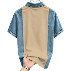 T-shirt décontracté en coton pour homme avec empiècements en jean, manches courtes, coupe classique, respirant, séchage rapide, couleur unie, idéal pour le golf et le quotidien - Product Image 2
