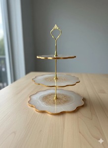 White And Gold Resin Flower Shape Three <b>Tier</b> <b>Cake</b> <b>Stand</b> Perfect For Birthday Parties Gifting And Dessert Display From India - Product Image 3