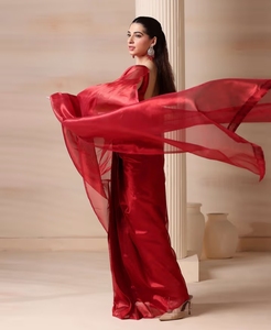 KV Ready to Wear <b>Red</b> Viscose Solid Plain Autumn Party Wedding Saree with Unstitched <b>Blouse</b> Wrinkle-Free Reversible - Product Image 2