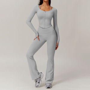 Women's Adults Summer Solid <b>Purple</b> <b>Long</b> <b>Sleeve</b> Crop <b>Top</b> Flared Leggings Set Square Collar Zipper Detail Breathable Knitted - Product Image 5