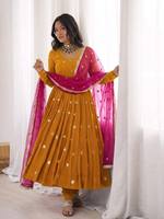 VISHNU K DESIGNS Setelan Dupatta Lengan Panjang Bordir Rajutan Georgette Foux Tebal Berkualitas Tinggi, Regular Fit Wanita, Cepat Kering, Modern