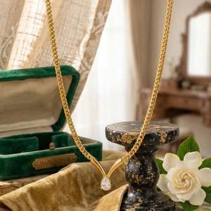 Collier chaîne gourmette pour femme avec pendentif goutte d'eau en zircon en acier inoxydable, bijoux de mode - Product Image 6