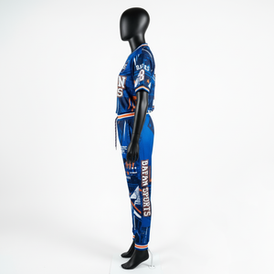 ชุดกางเกงเจอร์ซีย์ตาข่ายโพลีเอสเตอร์พรีเมียม 180 GSM สีน้ำเงิน พิมพ์ลายกราฟิก แต่งแถบยางตัดกัน พร้อมโลโก้สั่งทำ สำหรับผู้หญิง - Product Image 3