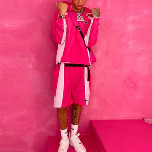 Men's Vintage Winter Pink Hooded Color Blocking Quick Dry 100% Cotton Sportswear <b>Set</b> <b>Knitted</b> Casual Outfit Shorts and Jacket - Product Image 3