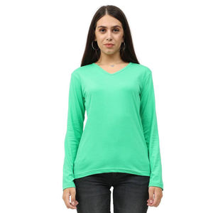 Camiseta de Manga Larga con Cuello en V Verde para Mujer, 100% Algodón, Tejido de Punto, Color Sólido Informal, Transpirable, Top de Primavera/Verano - Product Image 1