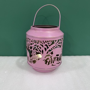 Lanterne décorative en métal rose avec motif de cerfs et d'arbres, forme cylindrique, poignée, porte-bougie à la lumière de la bougie - Product Image 2