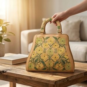 Kashmiri Crewel Embroidery <b>Top</b> Handle Bag – Tan Leather with Yellow & Green Floral Design - Product Image 3