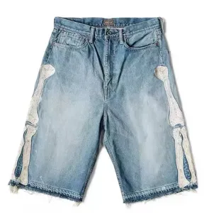 Pantalones Cortos Bermuda de Mezclilla Gris Carbón Lavada para Hombre con Apliques de Parches y Bajo Deshilachado Estilo Urbano - Product Image 5