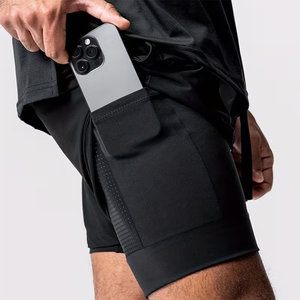 Men's Compression Short Double <b>Layer</b> Black Color Inner Pocket Running Gym Fitness Training Shorts With Airflow Support - Product Image 4