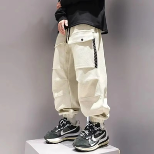 Summer Street Style Solid Color Trousers Men High Waist Elastic Waist Drawstring Bound Feet <b>Cargo</b> <b>Pants</b> Pockets <b>Waterproof</b> - Product Image 4