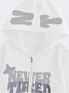 Sudadera con capucha blanca con cremallera, unisex, oversize, de punto, informal, con estampado gráfico frontal 'Never Tired', estilo streetwear de invierno - Product Image 4