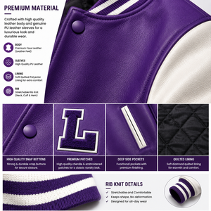 Chaqueta Varsity de Invierno Personalizada para Equipo, Parche de Letras de Chenilla de Alta Calidad, Mangas de Cuero PU, Cuello Acanalado, Club Deportivo de Béisbol - Product Image 5