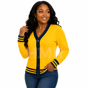 HMR Autumn Winter Fashion Trending Women V Neck Long Sleeve Knitted <b>Cardigan</b> <b>Sweater</b> Contrast Color Button - Product Image 1
