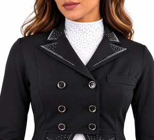 Veste d'équitation pour femme noire à double boutonnage, ornée de strass, vêtement de concours sur mesure pour les concours hippiques - Product Image 5