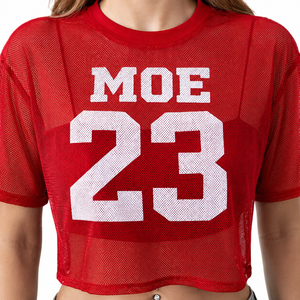 Custom Red American Football Jersey Women See Through <b>Mesh</b> Crop <b>Top</b> Short Sleeve Crewneck Cheerleader Streetwear Sports Shirts - Product Image 3