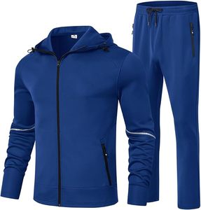 Solid Color Casual Windproof Polyester Fabric Autumn Sport Outfit Men's Hooded Tracksuit 2 Pieces Set Full <b>Zip</b> Jacket Sweatpants - Product Image 1