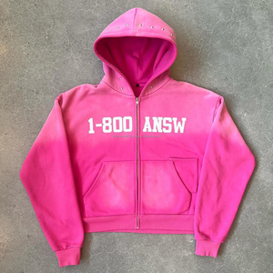 Sudadera con Capucha Personalizada con Estampado, Algodón Grueso de 400 g/m², Lavado Ácido, Efecto Desteñido por el Sol, Pedrería, Corte Recto, Cierre de Cremallera - Product Image 2