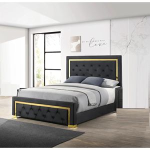 Letto Queen Size Contemporaneo Glamour con Pannello Rivestito in Tessuto Nero e Gambe Dorate, Arredamento Camera da Letto - Product Image 2