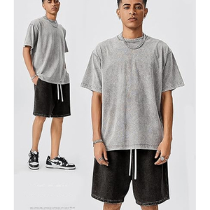 ชุดเซ็ตเสื้อยืดและกางเกงขาสั้นผู้ชายสำหรับฤดูร้อน ผ้าฝ้ายลำลองทรงหลวมสไตล์สตรีทแวร์ ชุด 2 ชิ้น ล้างสีแบบแอซิดวอช - Product Image 6