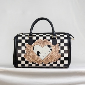 Luxury <b>Leather</b> Duffel Bag Checkerboard Pattern Cowhide Heart Panel Zipper Closure Travel Handbag - Product Image 1