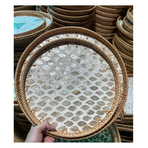 Decorative Rattan Serving <b>Platter</b> with Natural Mother of Pearl Shell - Product Image 2