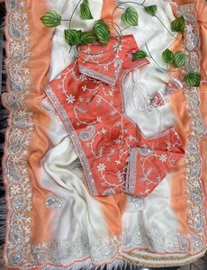 Sari de Georgette Suave con Bordado, Sari de Georgette para Fiesta, Sari con Lentejuelas Elegantes, Sari con Bordes de Diseño - Product Image 5