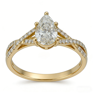Bague de fiançailles de luxe en or jaune 14 carats avec diamant poire et diamants pavés latéraux, diamant de laboratoire, design à double sangle, certifiée GIA - Product Image 1