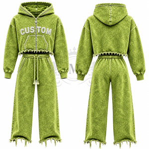 Ensemble de survêtement homme vert citron 100% coton, fermeture éclair intégrale, 450 g/m², avec pantalon de jogging coupe courte à fermeture éclair, jambe large et ourlet effiloché, pour tenue décontractée - Product Image 3