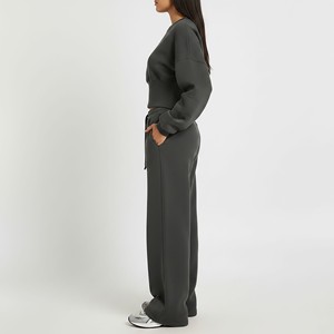Ensemble de survêtement personnalisé pour femme 100 % coton marron à capuche, manches longues, pantalon large, couleur unie, décontracté, respirant, pour l'automne - Product Image 2