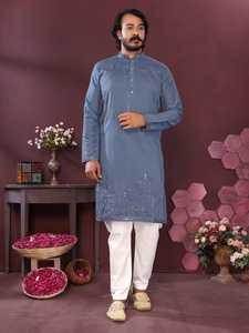Conjunto de pijama kurta de seda para hombre con bordado de espejo, ropa tradicional para bodas y fiestas, conjunto de pijama de algodón Raymond, kurta y pijama elegantes para hombre - Product Image 2
