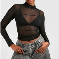 Camiseta de malla transpirable de verano para mujer, informal, con cuello simulado alto, manga larga, transparente, de rejilla, estilo camiseta de malla transparente.