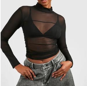 Camiseta de malla transpirable de verano para mujer, informal, con cuello simulado alto, manga larga, transparente, de rejilla, estilo camiseta de malla transparente. - Product Image 6