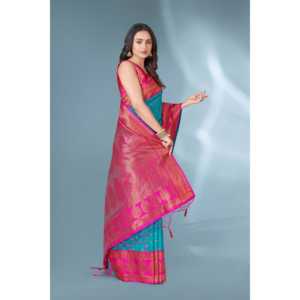 Sari de Seda Paithani con Lunares Azules y Bordado Zari en Contraste, Blusa sin Costuras para Mujer Incluida - Product Image 4