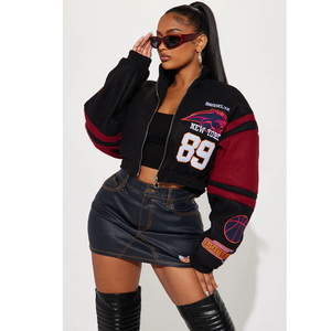 <b>Black</b> <b>And</b> <b>Red</b> <b>Varsity</b> <b>Jacket</b> With Patch Designs Turn Down Collar Streetwear Style Zipper Closure Short Length PU Material - Product Image 4