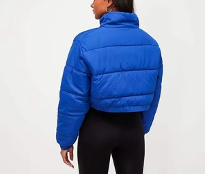 Chaqueta Acolchada Azul para Mujer, Chaqueta Corta de Invierno con Cierre, Cuello Alto, Manga Larga, Color Sólido, Relleno Grueso de Poliéster - Product Image 2