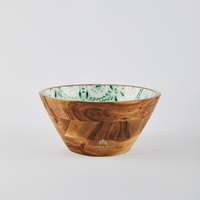 Bol de service artisanal en bois d'acacia avec impression émaillée, vaisselle en bois écologique