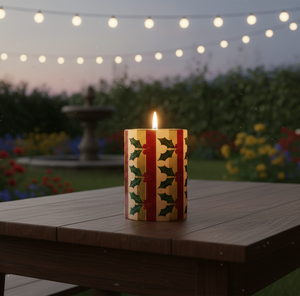 Bougie pilier en paraffine dorée de Noël avec motifs classiques de feuilles de houx et de baies rouges (3x3 pouces) pour commande en gros - Product Image 1