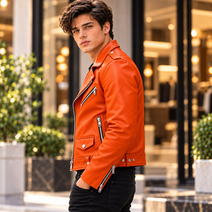 Blouson Moto en Cuir Orange Véritable Cuir de Vachette Coupe Slim Style Vintage Punk Rock Tendance avec Fermeture Éclair Nouveau - Product Image 4