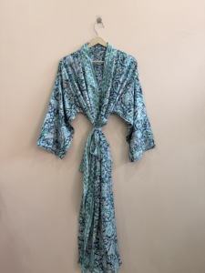 Patchwork Silk <b>Satin</b> Long <b>Kimono</b> <b>Robe</b> Soft and Comfy Summer Beach Cover up with V-neck Drawstring Closure Front Logo Mid Rise - Product Image 2