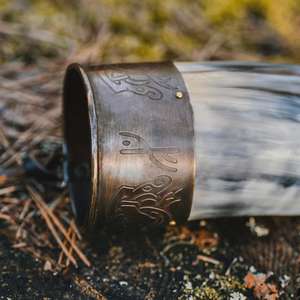 Personalized Natural Buffalo Horn Viking Horn Mug Molding Wooden Stand Polished Mug With Engraved Pattern For Restaurant <b>Bar</b> - Product Image 4